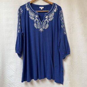 J Jill Blouse Women XL Blue Embroidered 3/4 Sleeve Floral Basic Blouse Boho